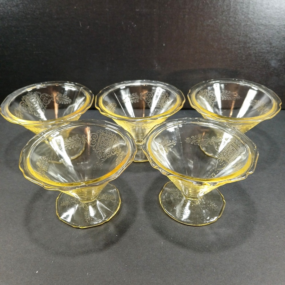 5 Roxana Golden Topaz Footed Sherbet Vaseline Depression Glass Hazel Atlas